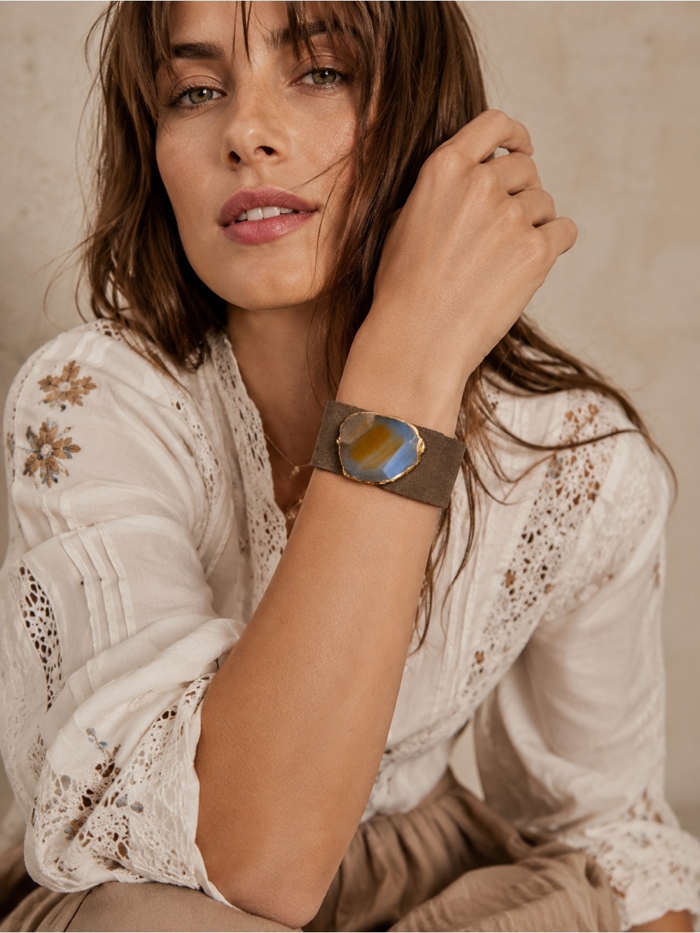 Agate Stone and Raw Suede with Gold Hardware Statement Cuff Bracelet